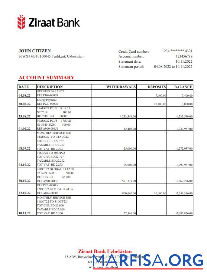 Downloadable Uzbekistan Ziraat bank statement excel template